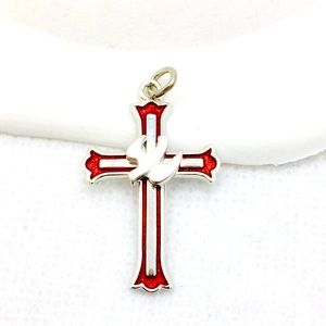 STERLING SILVER RED ENAMEL CROSS WITH DOVE PENDANT